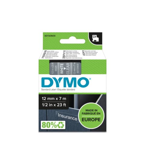 Nastro per etichettatrici Dymo D1 12 mm x 7 m bianco/trasparente S0720600